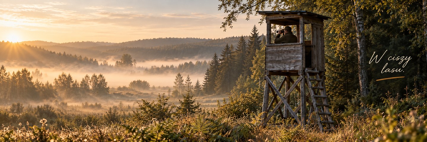 Obserwator z lornetką na leśnej ambonie nad zamgloną doliną. W ciszy lasu.