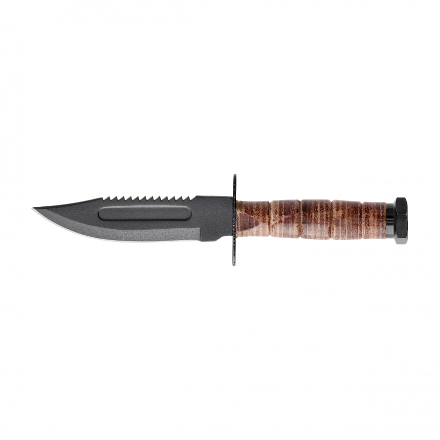 Nóż Mil-Tec US Pilot Survival Knife z brązową skórzaną rękojeścią i czarną głownią