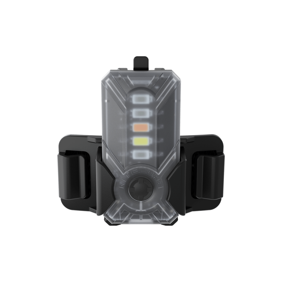 Nitecore NU07 LE, lampa sygnalizacyjna z pięcioma kolorami, przednia strona lampy z pięcioma diodami i uchwytem po bokach