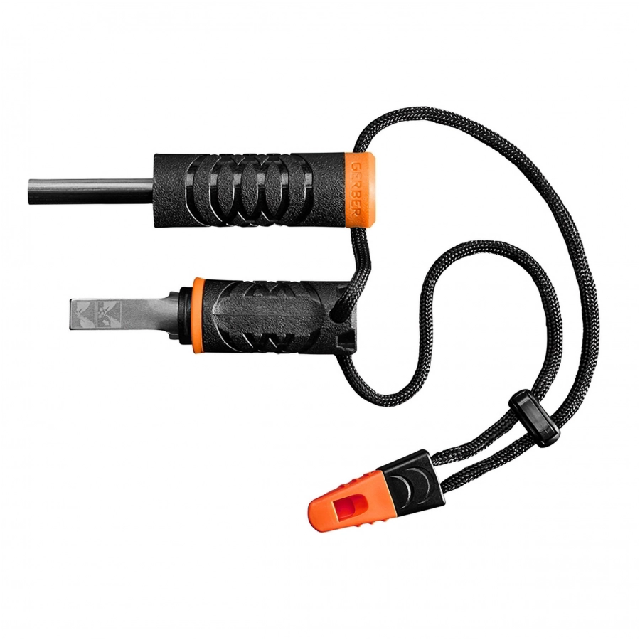 Dwa rozłączone elementy krzesiwa Gerber Fire Starter 31-003151 z linką i pomarańczowym gwizdkiem.