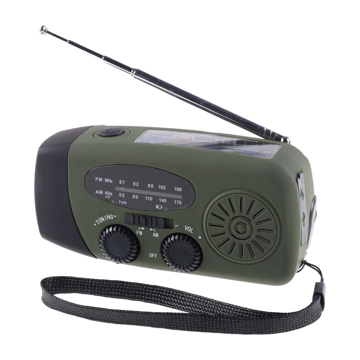 Radio awaryjne Fosco FM/AM z korbką i panelem słonecznym, widok od frontu