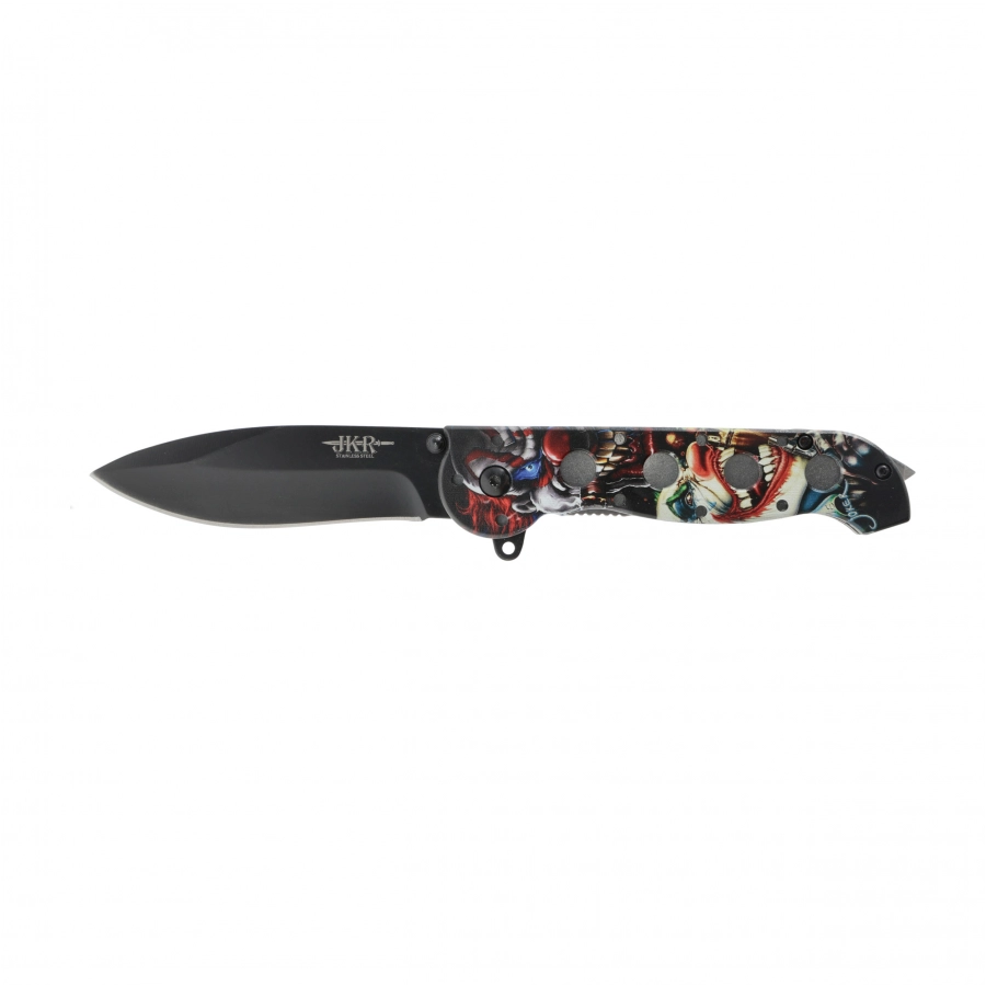 Nóż składany Joker JKR0911 z ażurową aluminiową rękojeścią i motywem Joker