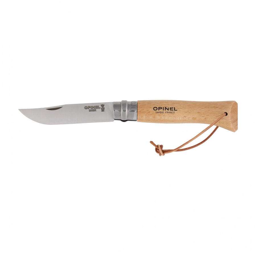 Nóż składany Opinel Adventure No.8 z bukową rękojeścią i skórzanym rzemieniem