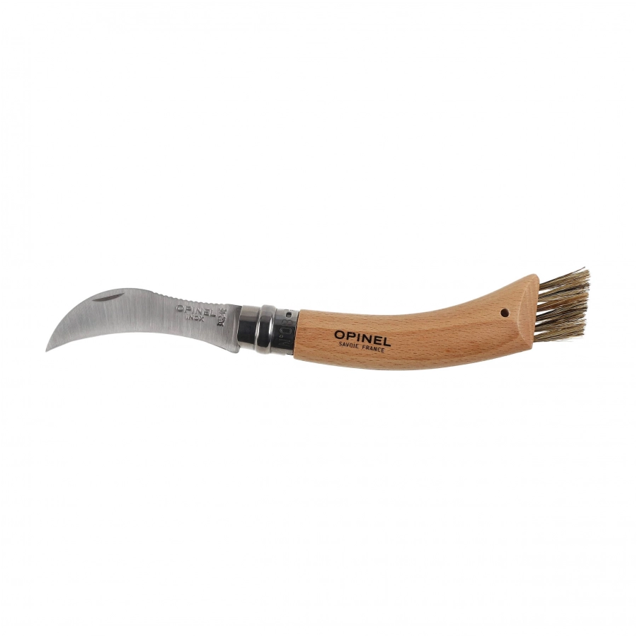 Nóż na grzyby Opinel No8 z sierpowatą głownią, bukową rękojeścią i szczotką