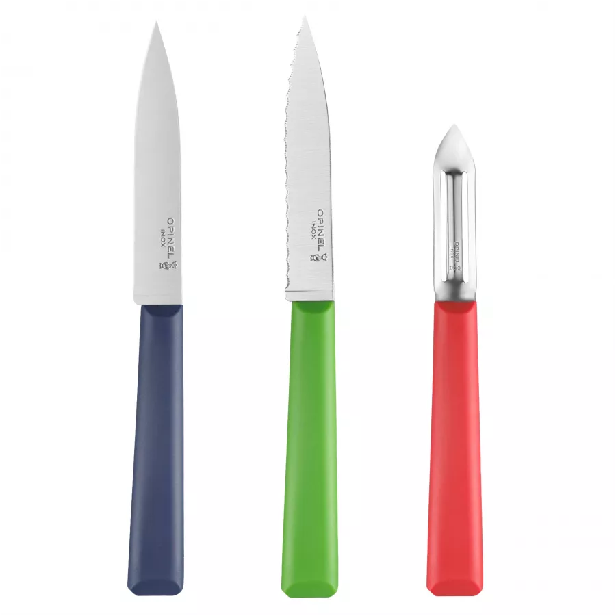 Komplet Opinel Essentials Trio: nóż Paring 312, nóż ząbkowany 313 oraz obieraczka 315