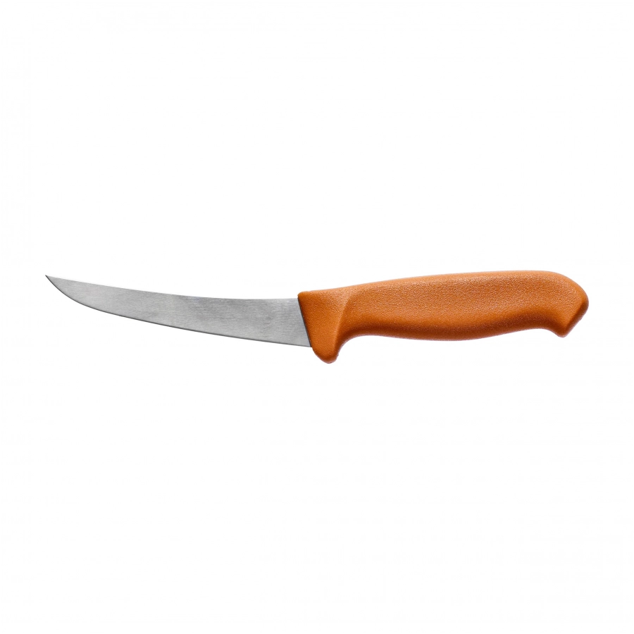 Nóż Morakniv Hunting Curved Boning z zakrzywioną głownią i pomarańczową rękojeścią na białym tle