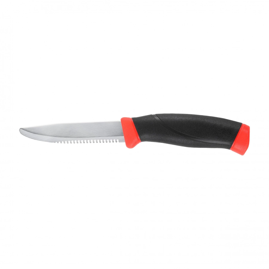Czerwony nóż Morakniv Companion F Rescue z zaokrąglonym czubkiem i ząbkowaną głownią