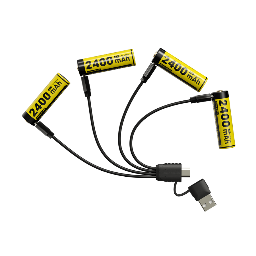 Zestaw czterech akumulatorów Nitecore NH2400 z przewodem ładowania