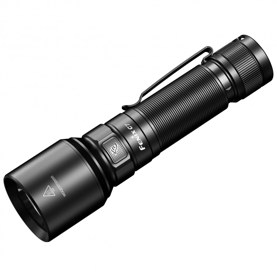 Czarna latarka LED Fenix C7 z aluminiowym korpusem i bocznym przyciskiem