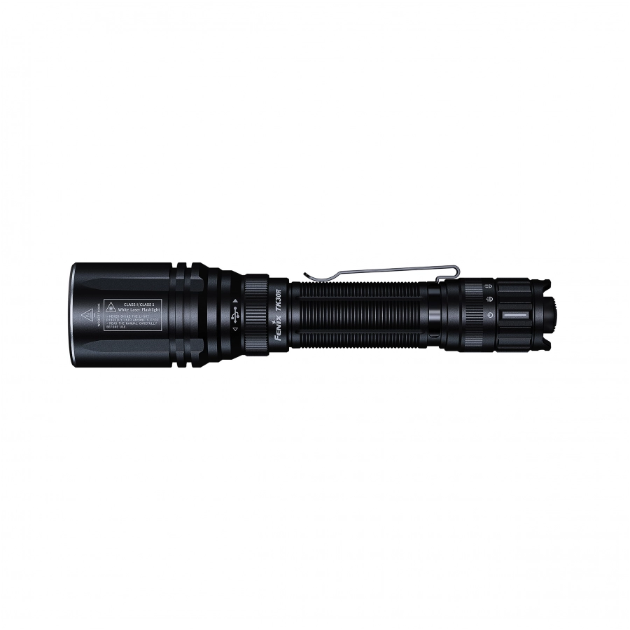 Czarna latarka laserowa Fenix TK30R, widoczna samodzielnie