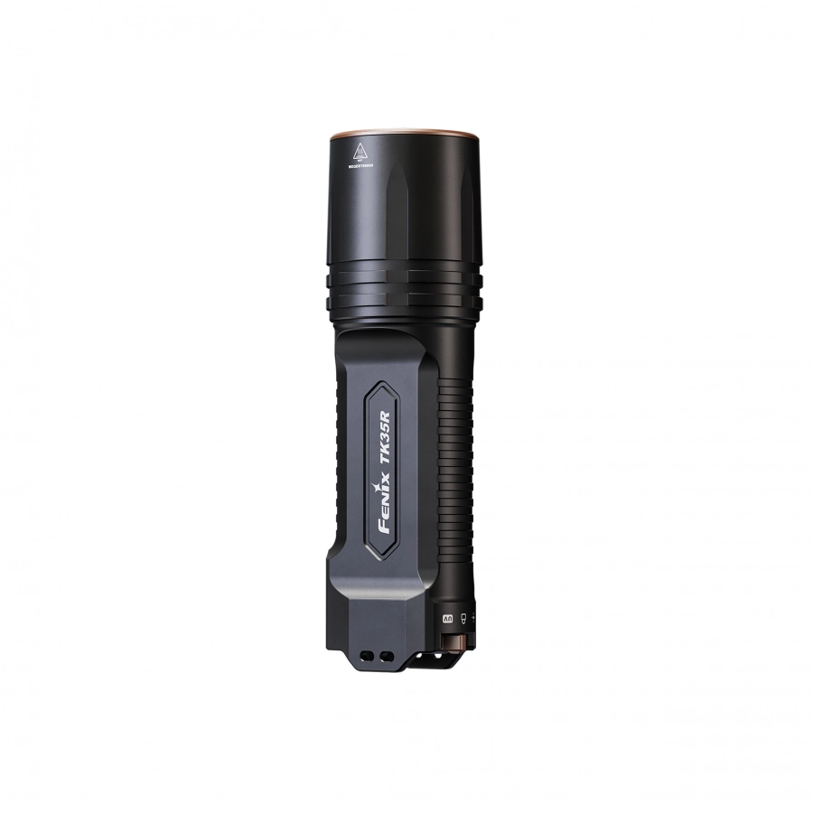 Czarna latarka LED Fenix TK35R z płaskim korpusem i przełącznikiem FlexiSensa