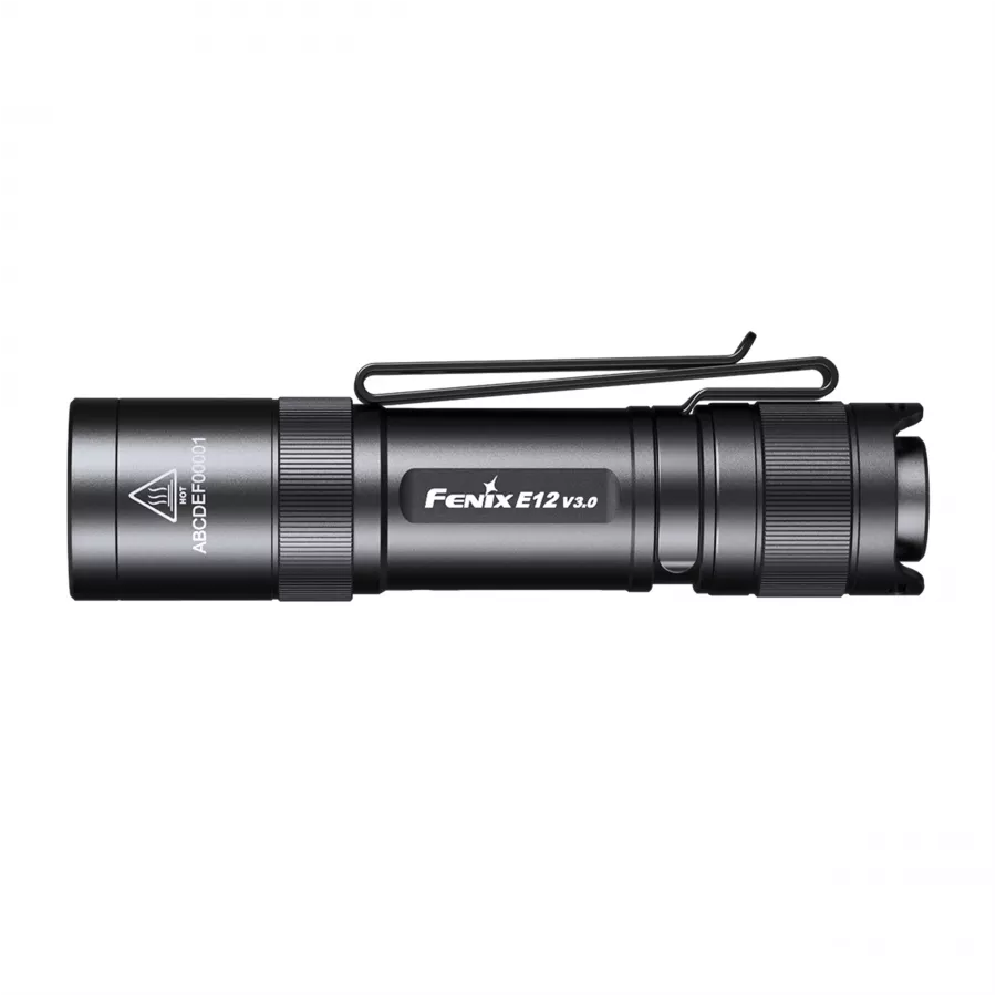 Mała czarna latarka kieszonkowa Fenix E12 V3.0 z klipsem
