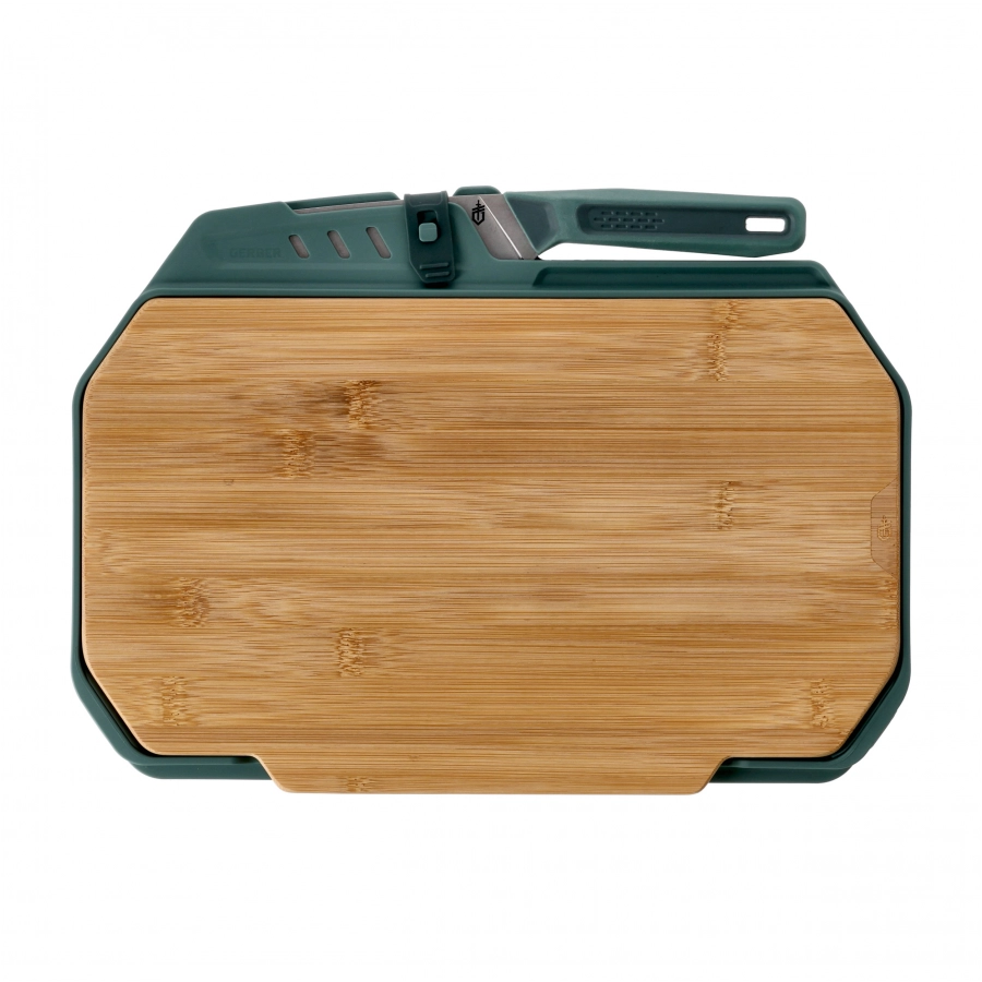 Brązowo-zielony zestaw Gerber ComplEAT Slim Cutting Board z dwiema deskami i nożem