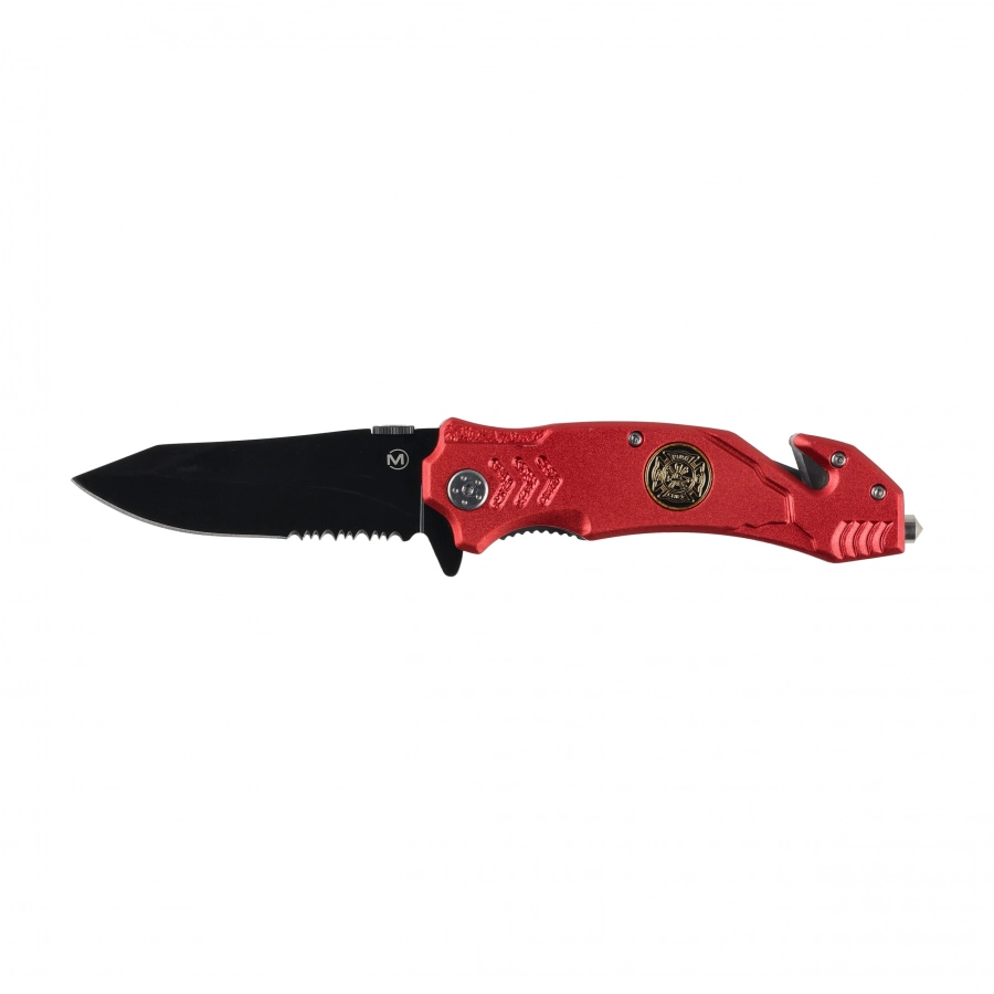 Nóż Magnum Fire Fighter 01LL470 z czarno-czerwoną rękojeścią i częściowo ząbkowaną głownią