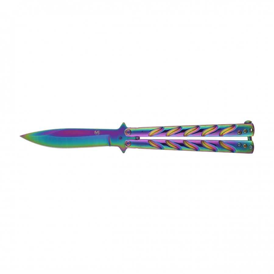 Nóż motylkowy Magnum Balisong Rainbow 06EX401 z wielobarwną rękojeścią i głownią Drop Point
