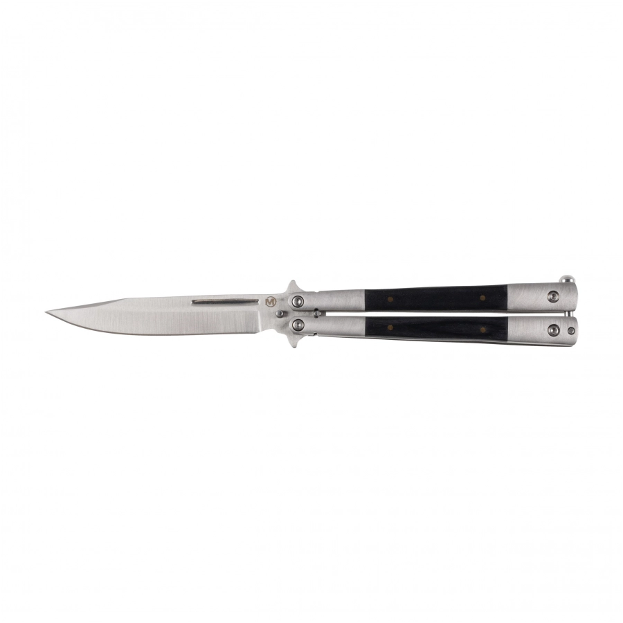 Nóż motylkowy Magnum Balisong Wood 06EX400 z ciemnymi drewnianymi okładzinami i satynowaną głownią